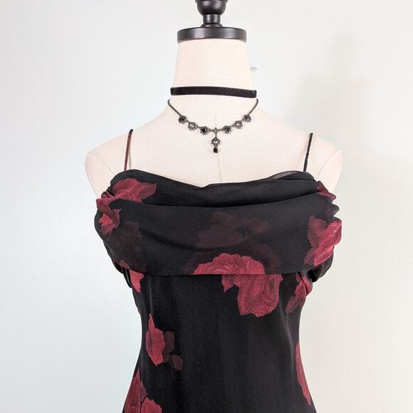 Vintage Betsy Adam Prom Dress Maxi Gown 6 Black Red 90s Y2K Floral Fairy Goth - Picture 3 of 8